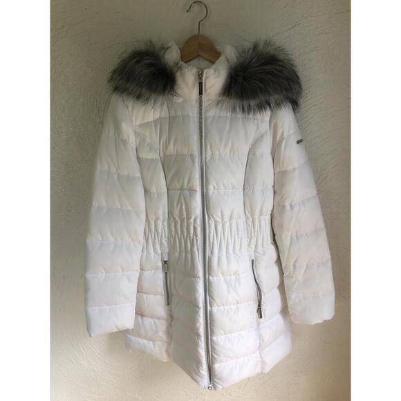 LAUNDRY BY SHELLI SEGAL NWOT Size L White Puffer Coat Detachable Gray Faux Fur - Picture 5 of 14